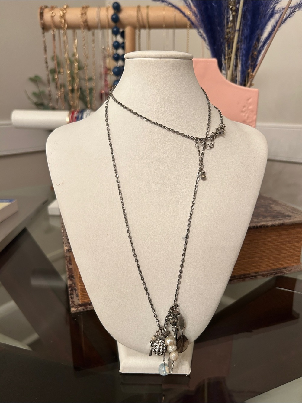 Layered Silver-Tone Pendant Necklace with Pearls and Charms